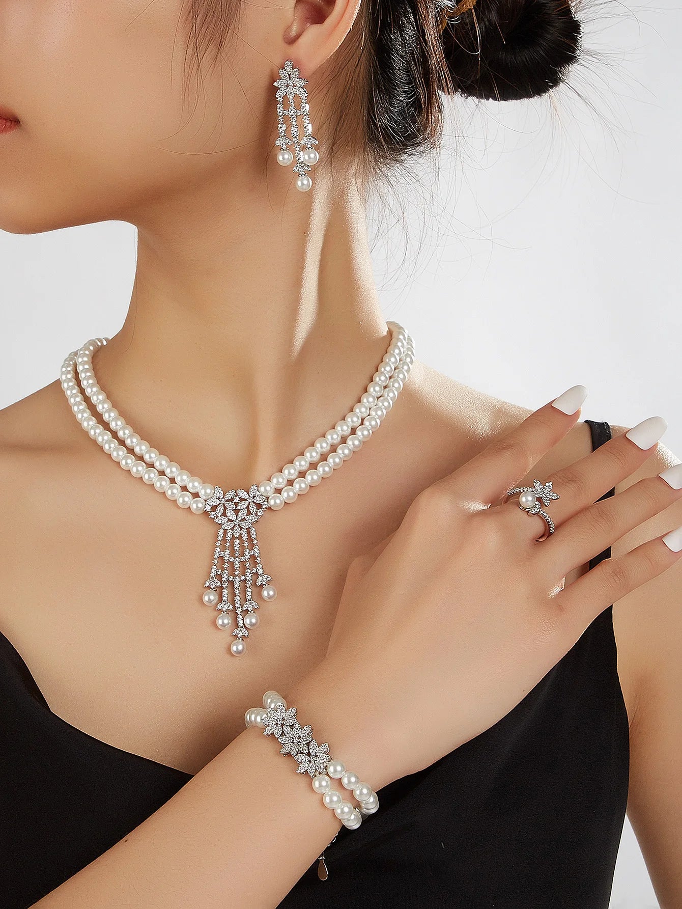 Pearl Tassel & Full Zircon Bridal Jewelry Set – Trendy Dubai-Inspired Necklace, Earrings, Bracelet & Ring for Women | Wedding & Party Gift