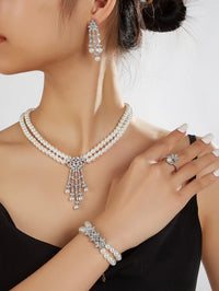 Pearl Tassel & Full Zircon Bridal Jewelry Set – Trendy Dubai-Inspired Necklace, Earrings, Bracelet & Ring for Women | Wedding & Party Gift