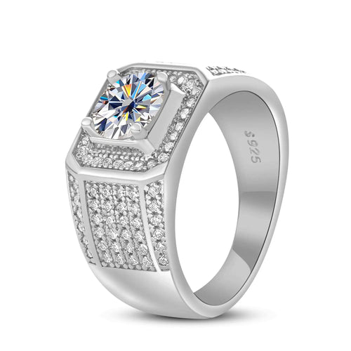 1CT Moissanite Ring for Men – 6.5mm D Color Stone | 925 Sterling Silver with 18K Platinum Plating | GRA Certified Hip-Hop Wedding Band