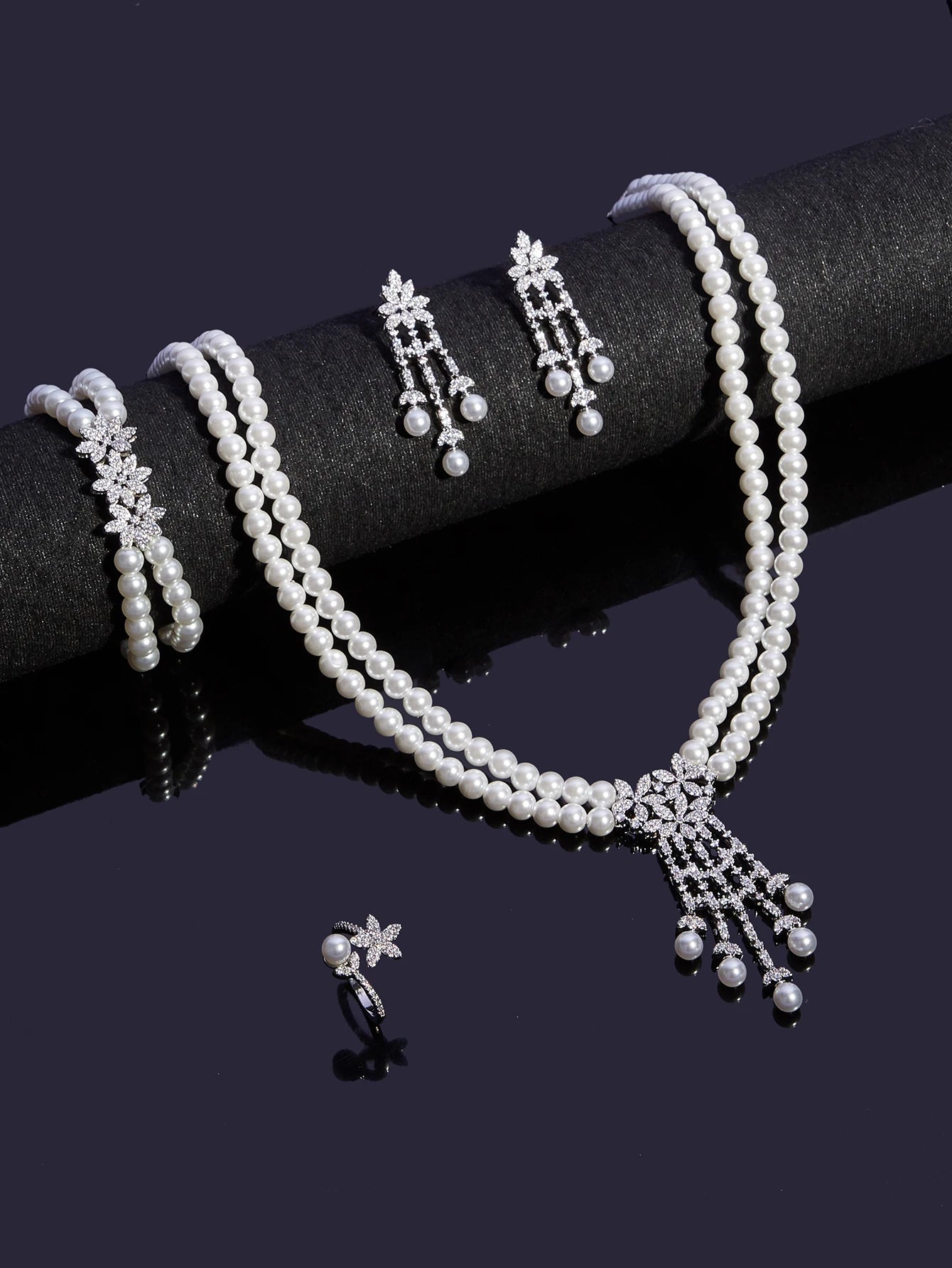 Pearl Tassel & Full Zircon Bridal Jewelry Set – Trendy Dubai-Inspired Necklace, Earrings, Bracelet & Ring for Women | Wedding & Party Gift