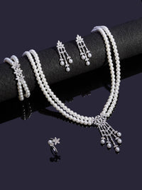 Pearl Tassel & Full Zircon Bridal Jewelry Set – Trendy Dubai-Inspired Necklace, Earrings, Bracelet & Ring for Women | Wedding & Party Gift