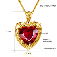 Gold Red Ruby Heart Necklace for Women – 18K Yellow Gold Plated Sterling Silver, 15x15mm Synthetic Ruby, Victorian Pendant, Luxury Jewelry Gift for Valentine’s Day