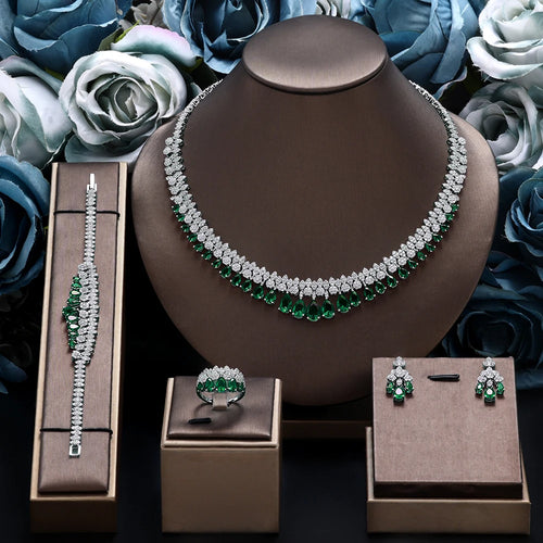 Brides Accessories Tassel Water Drop Necklace Earring - Luxury White Cubic Zirconia Bridal Jewelry Set  4Pcs Set for Wedding Party