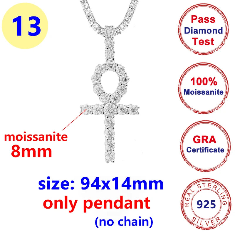 8MM Full Moissanite Cross Pendant – S925 Sterling Silver White Gold for Men & Women