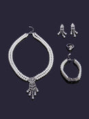 Pearl Tassel & Full Zircon Bridal Jewelry Set – Trendy Dubai-Inspired Necklace, Earrings, Bracelet & Ring for Women | Wedding & Party Gift
