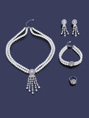Pearl Tassel & Full Zircon Bridal Jewelry Set – Trendy Dubai-Inspired Necklace, Earrings, Bracelet & Ring for Women | Wedding & Party Gift