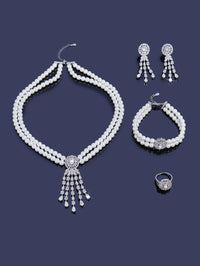 Pearl Tassel & Full Zircon Bridal Jewelry Set – Trendy Dubai-Inspired Necklace, Earrings, Bracelet & Ring for Women | Wedding & Party Gift