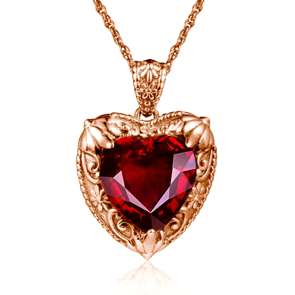 Gold Red Ruby Heart Necklace for Women – 18K Yellow Gold Plated Sterling Silver, 15x15mm Synthetic Ruby, Victorian Pendant, Luxury Jewelry Gift for Valentine’s Day