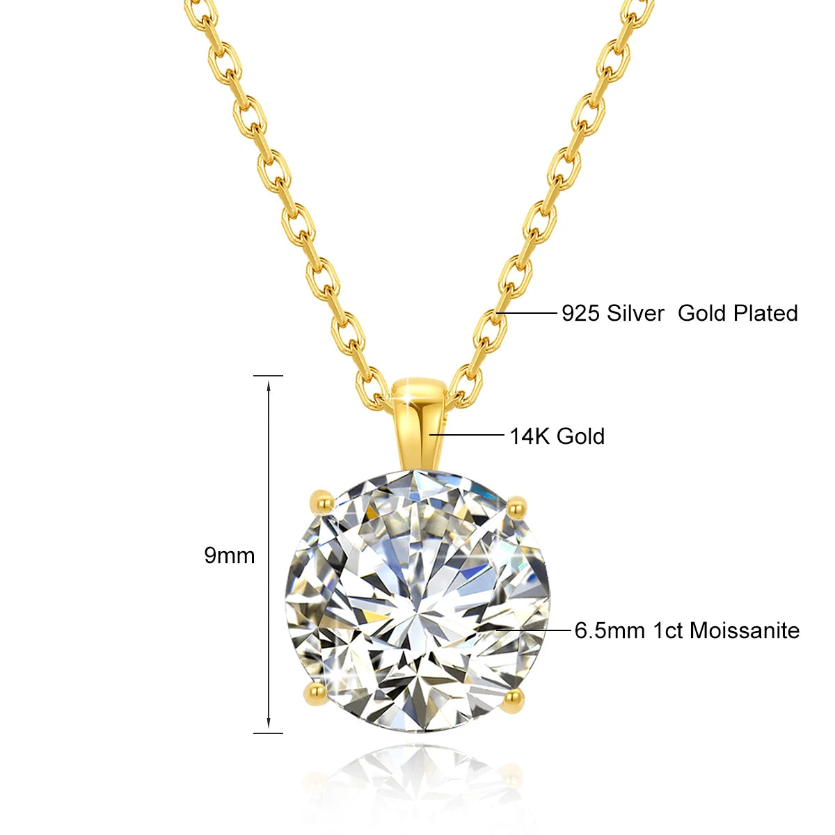 Dazzle Dime® 14K Gold Moissanite Pendant Necklace | 1CT, 2CT, 3CT Round Brilliant Cut | Fine Jewelry for Women