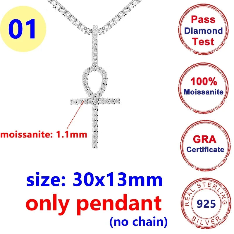 8MM Full Moissanite Cross Pendant – S925 Sterling Silver White Gold for Men & Women