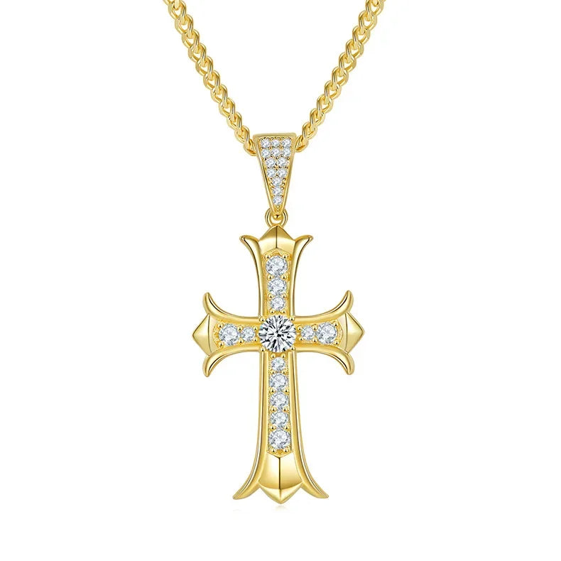 Vintage Street Style Goldschool Cross Body Pendant Necklace – 18K Gold Plated with Moissanite