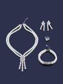 Pearl Tassel & Full Zircon Bridal Jewelry Set – Trendy Dubai-Inspired Necklace, Earrings, Bracelet & Ring for Women | Wedding & Party Gift