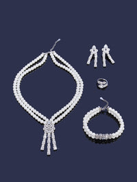 Pearl Tassel & Full Zircon Bridal Jewelry Set – Trendy Dubai-Inspired Necklace, Earrings, Bracelet & Ring for Women | Wedding & Party Gift