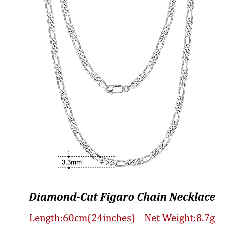 Dazzle Dime® 925 Sterling Silver Figaro Chain Necklace for Men & Women – 3.3mm/5mm/7mm | Rhodium/Gold Plated | Trendy Statement Jewelry