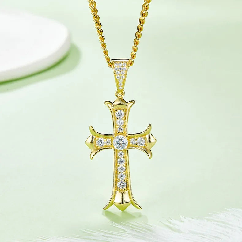 Vintage Street Style Goldschool Cross Body Pendant Necklace – 18K Gold Plated with Moissanite