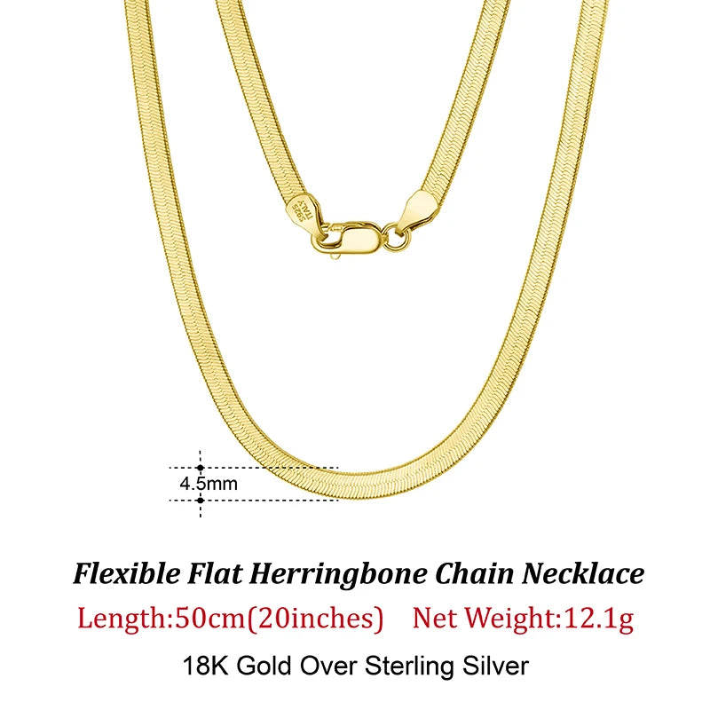 Dazzle Dime® 3mm Herringbone Snake Chain Necklace – 14K Gold Plated 925 Sterling Silver | Flexible Flat Chain for Women SC35