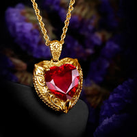 Gold Red Ruby Heart Necklace for Women – 18K Yellow Gold Plated Sterling Silver, 15x15mm Synthetic Ruby, Victorian Pendant, Luxury Jewelry Gift for Valentine’s Day