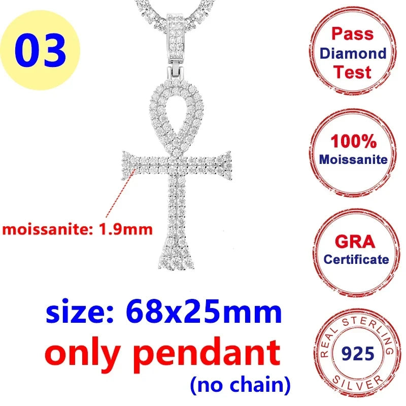 8MM Full Moissanite Cross Pendant – S925 Sterling Silver White Gold for Men & Women