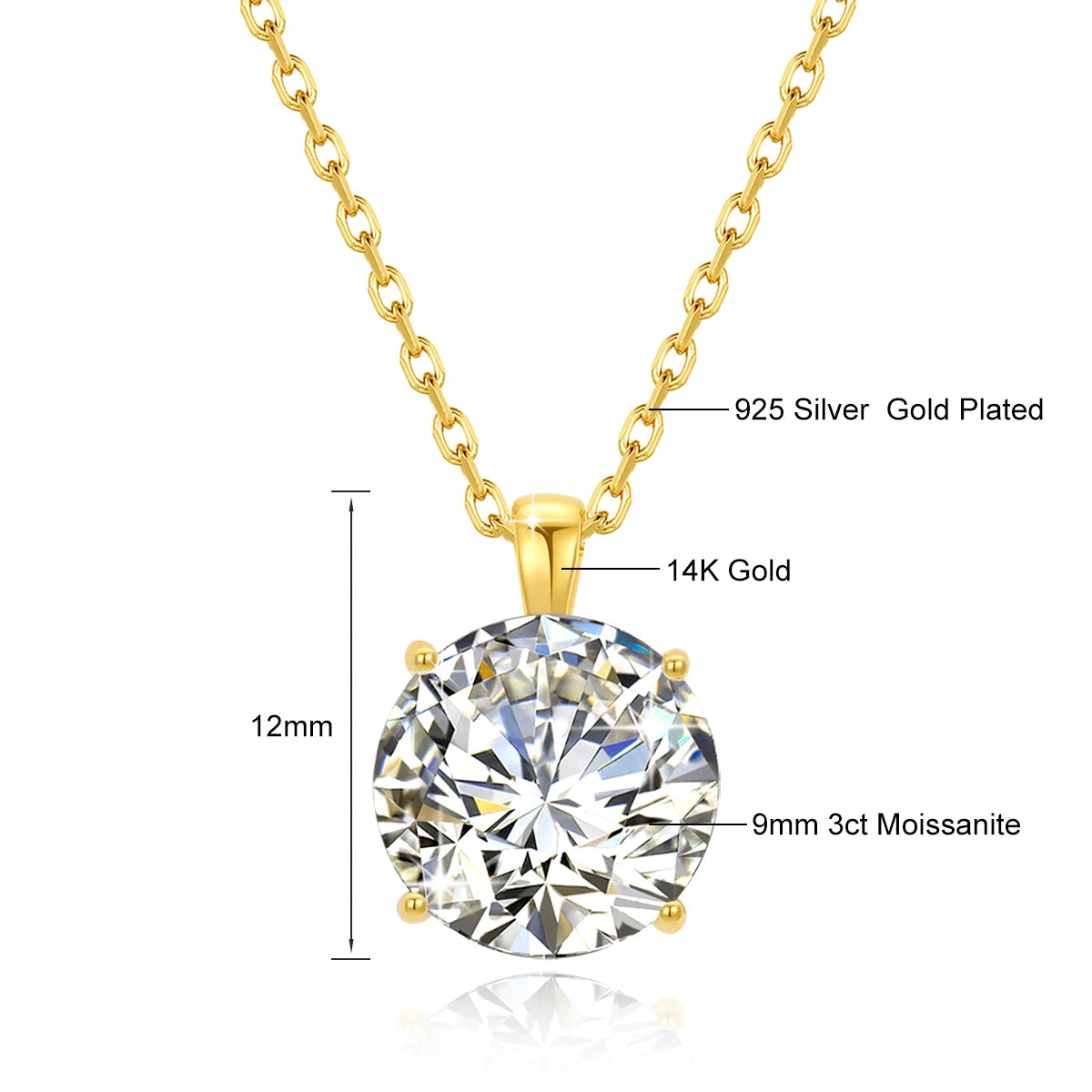 Dazzle Dime® 14K Gold Moissanite Pendant Necklace | 1CT, 2CT, 3CT Round Brilliant Cut | Fine Jewelry for Women