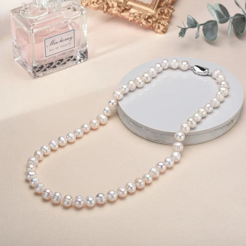 Dazzle Dime® Baroque White Freshwater Pearl Necklace – 925 Sterling Silver, 8–10MM Cultured Pearls, Elegant Gift for Women