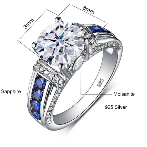 Timeless Elegance: 2ct D-Color VVS1 Moissanite Diamond Ring in 925 Sterling Silver with Sapphire Accents