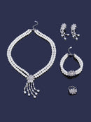 Pearl Tassel & Full Zircon Bridal Jewelry Set – Trendy Dubai-Inspired Necklace, Earrings, Bracelet & Ring for Women | Wedding & Party Gift