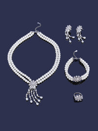 Pearl Tassel & Full Zircon Bridal Jewelry Set – Trendy Dubai-Inspired Necklace, Earrings, Bracelet & Ring for Women | Wedding & Party Gift
