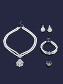 Pearl Tassel & Full Zircon Bridal Jewelry Set – Trendy Dubai-Inspired Necklace, Earrings, Bracelet & Ring for Women | Wedding & Party Gift