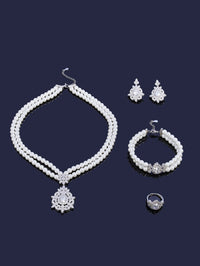 Pearl Tassel & Full Zircon Bridal Jewelry Set – Trendy Dubai-Inspired Necklace, Earrings, Bracelet & Ring for Women | Wedding & Party Gift