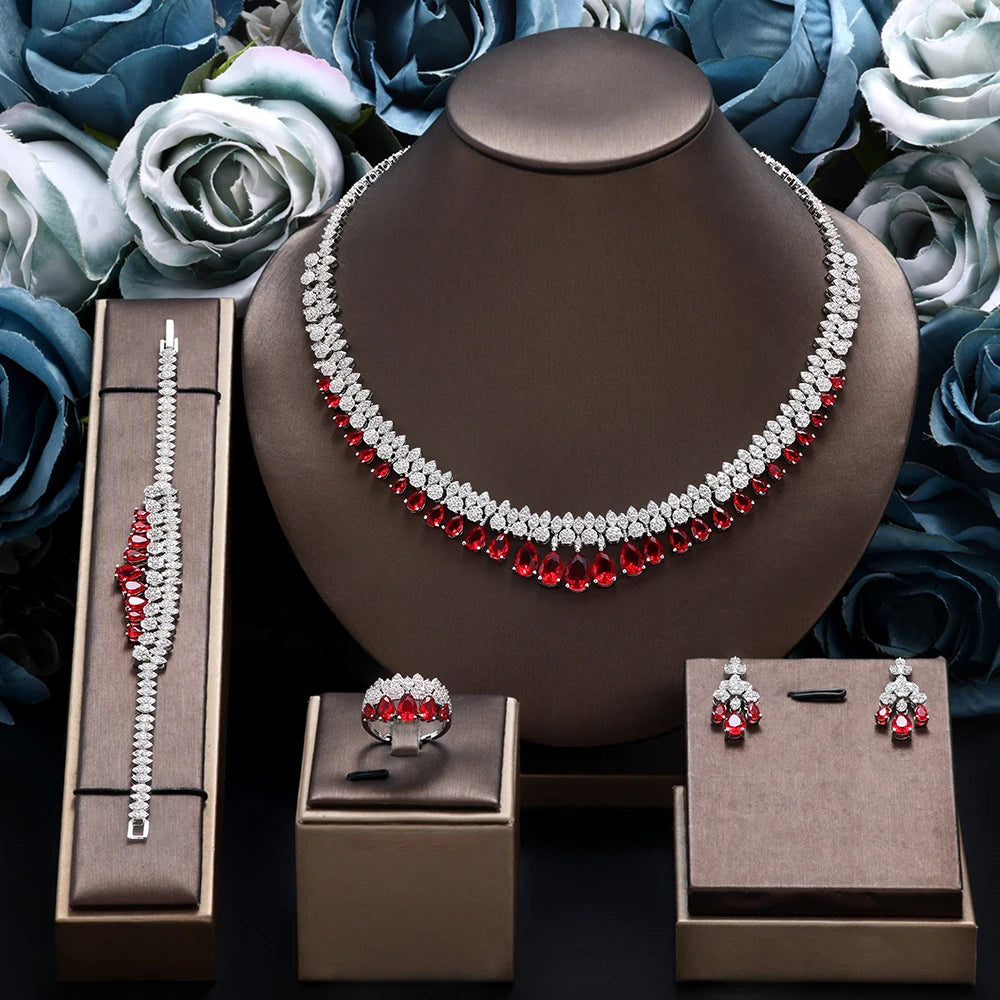 Brides Accessories Tassel Water Drop Necklace Earring - Luxury White Cubic Zirconia Bridal Jewelry Set  4Pcs Set for Wedding Party
