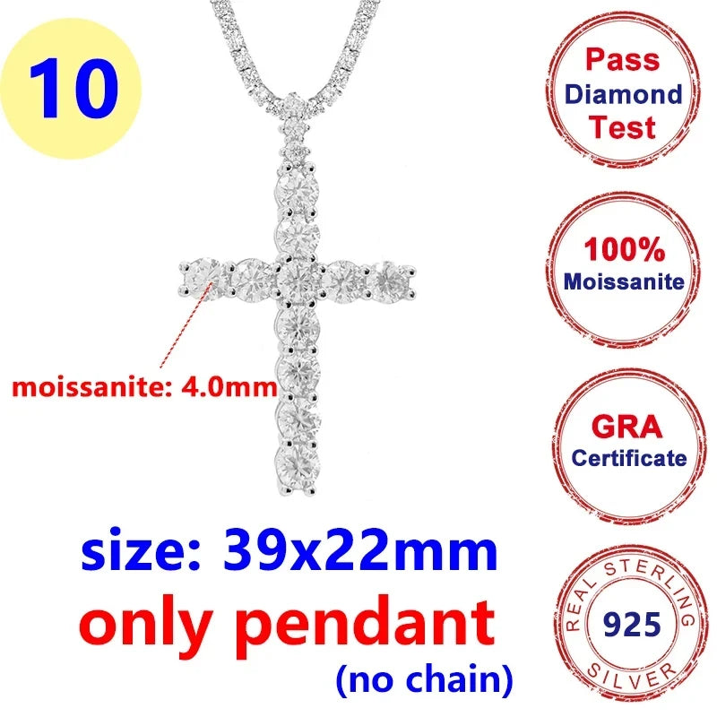 8MM Full Moissanite Cross Pendant – S925 Sterling Silver White Gold for Men & Women