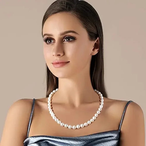 Dazzle Dime® Baroque White Freshwater Pearl Necklace – 925 Sterling Silver, 8–10MM Cultured Pearls, Elegant Gift for Women