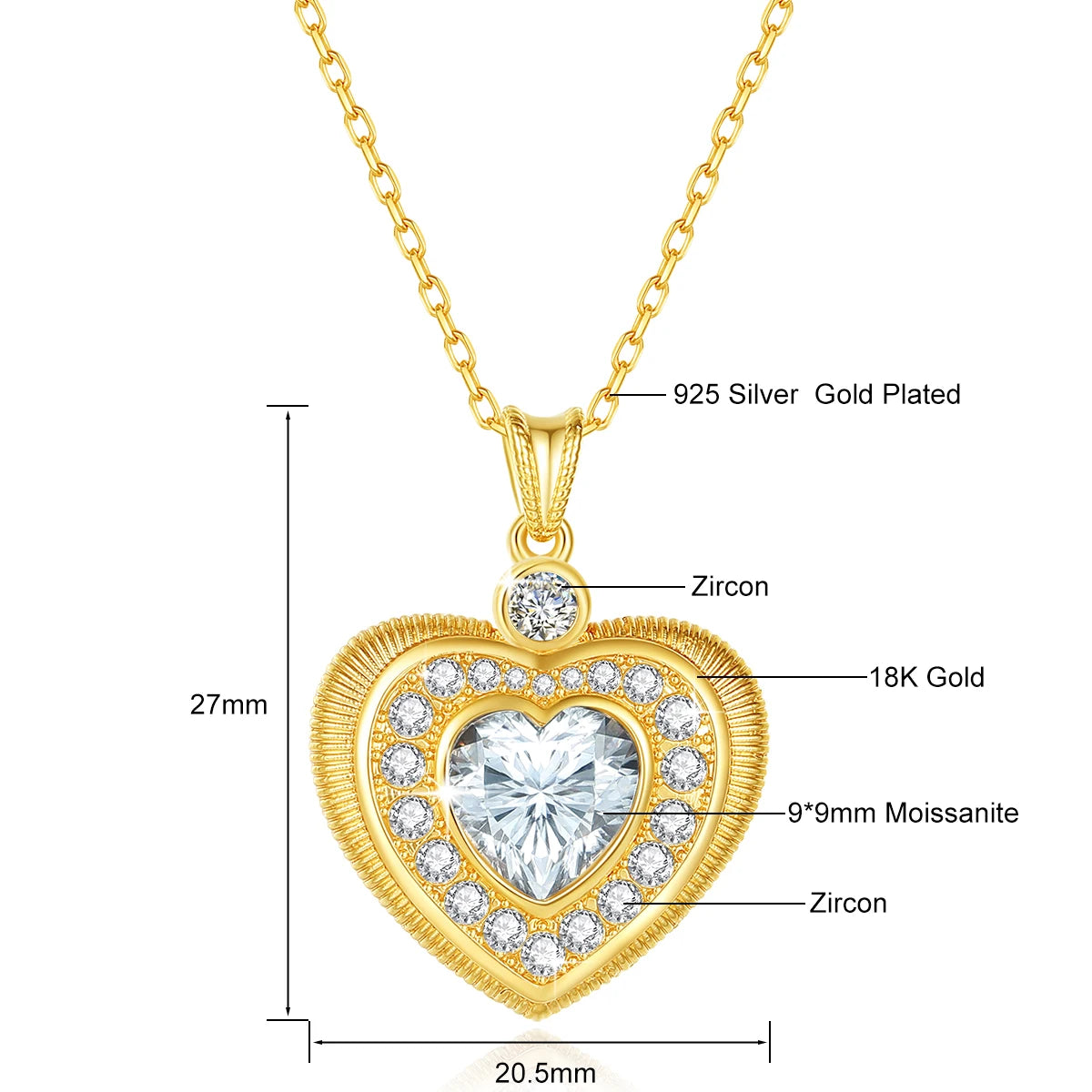 Dazzle Dime® 18K Gold Heart Moissanite Necklace | 3CT, 9mm Natural Heart Cut | Luxury Wedding Jewelry with Certificate