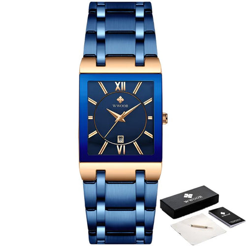 Relogio Masculino New Fashion Watches Men  Luxury Square Blue Men'S Wristwatch Stainless Steel Waterproof Quartz Clock Male