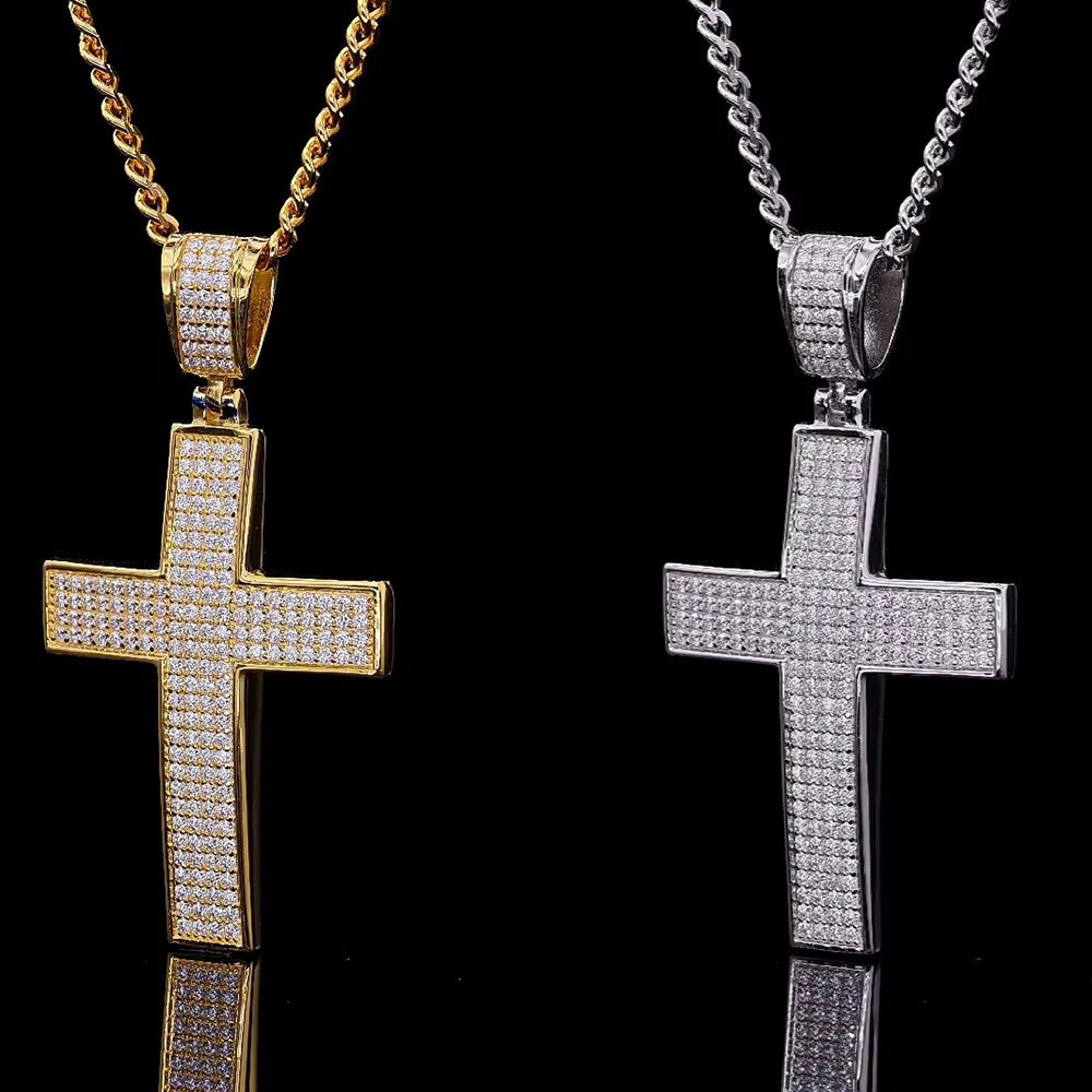 Hip-Hop Style Luxury Full Moissanite Cross Pendant for Men – 18K Gold-Plated 925 Sterling Silver