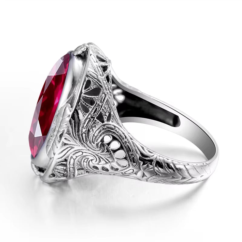 Dazzle Dime® 925 Sterling Silver Created Ruby Ring for Women | Vintage Punk Oval Stone Jewelry