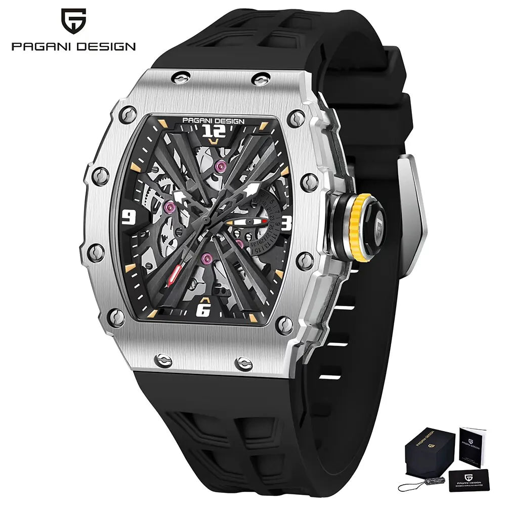 PAGANI DESIGN Men's Quartz Watches VH65 Movt Skeleton Dial 100M Waterproof Sport Rectangle Sapphire Glass