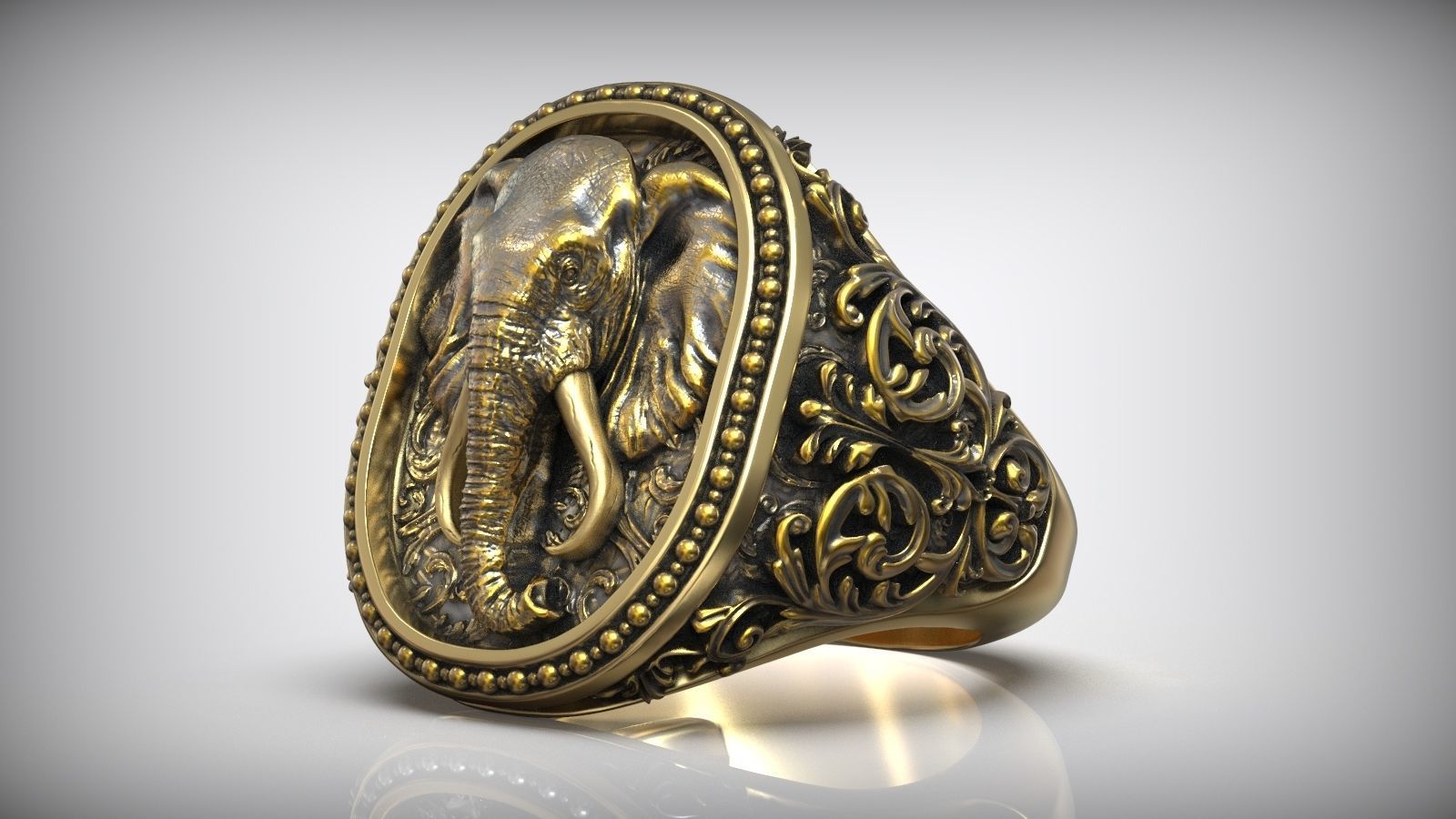 Dazzle Dime Elephant Head Antique Pattern Signet Ring A Symbol of Strength and Heritage 925 Sterling SIlver Base 18K Gold Plating