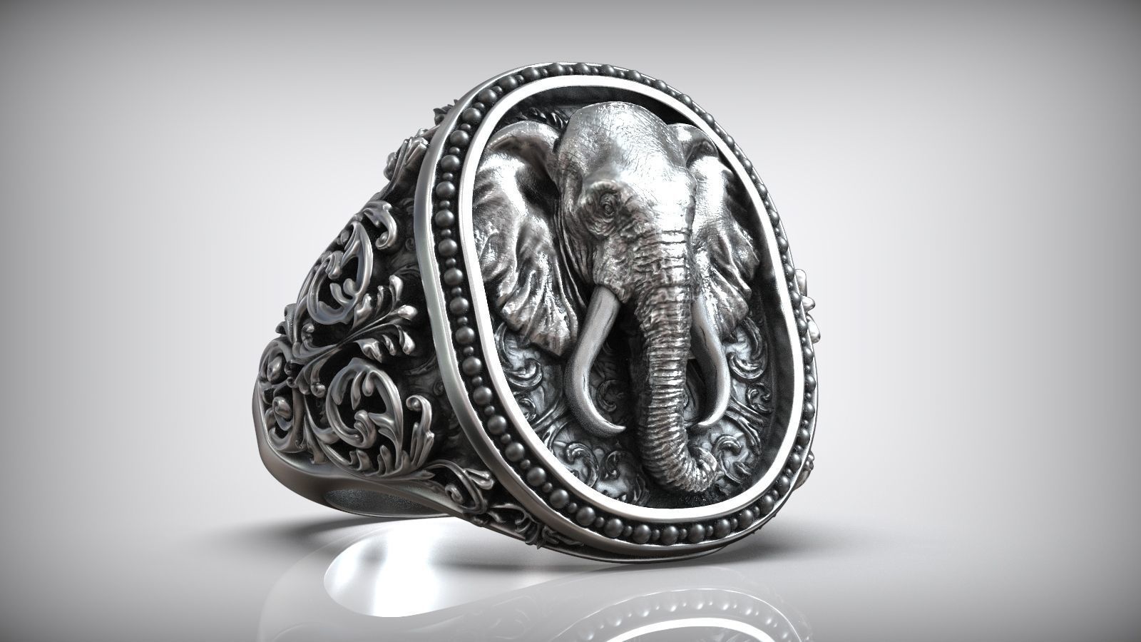 Dazzle Dime Elephant Head Antique Pattern Signet Ring A Symbol of Strength and Heritage 925 Sterling SIlver Base 18K Gold Plating