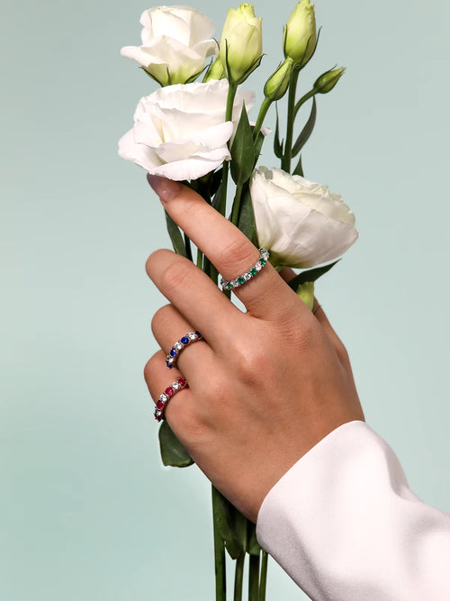 Dazzle Dime® Gemstone Moissanite Eternity Band with Birthstone Accents in 925 Sterling Silver