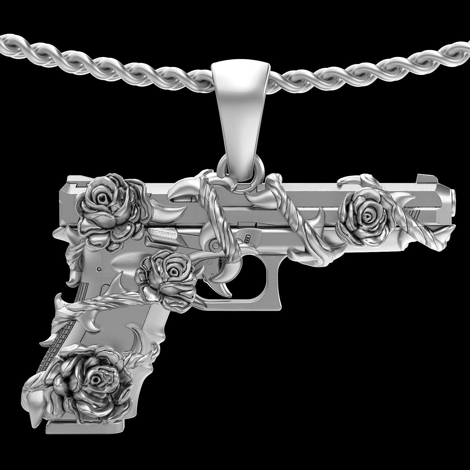 Dazzle Dime 925 Sterling Silver Base 18k Gold Plated Gun Glock Flower Pendant A Bold Blend of Strength and Elegance