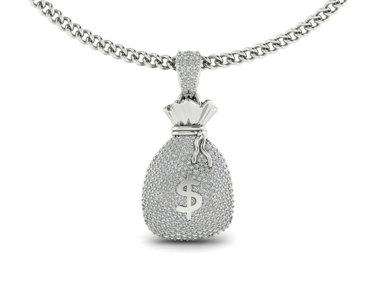 Dazzle Dime® Money Bag Pendant in 925 Sterling Silver with Lab-Grown Diamond Gems and Matching Chain