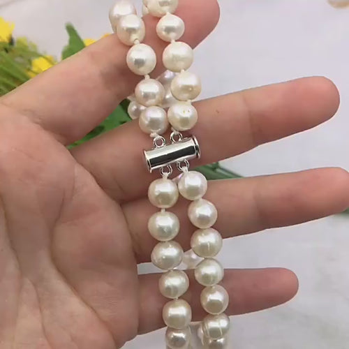 Dazzle Dime® 2-Row White Akoya Shell Pearl Necklace – 7–9MM AAA Beads, Natural Saltwater Elegance, 17–18" Length