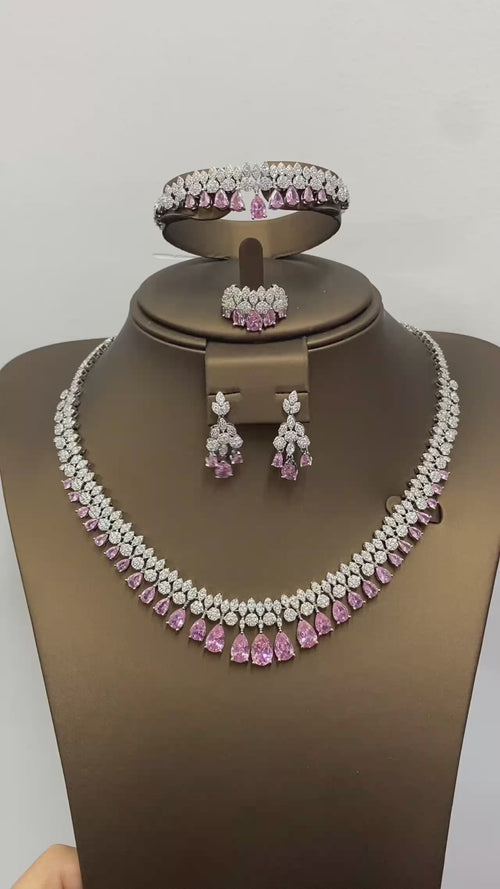 Brides Accessories Tassel Water Drop Necklace Earring - Luxury White Cubic Zirconia Bridal Jewelry Set  4Pcs Set for Wedding Party