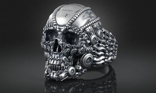 Dazzle Dime 925 Sterling Silver Base 18k Gold Plated Skull Biomechanical Ring The Evolution of Darkness DAZZLE DIME®