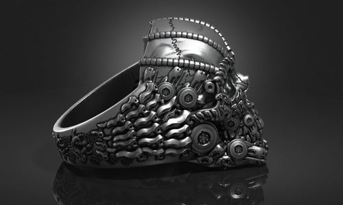 Dazzle Dime 925 Sterling Silver Base 18k Gold Plated Skull Biomechanical Ring The Evolution of Darkness DAZZLE DIME®