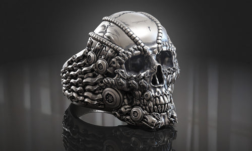 Dazzle Dime 925 Sterling Silver Base 18k Gold Plated Skull Biomechanical Ring The Evolution of Darkness DAZZLE DIME®