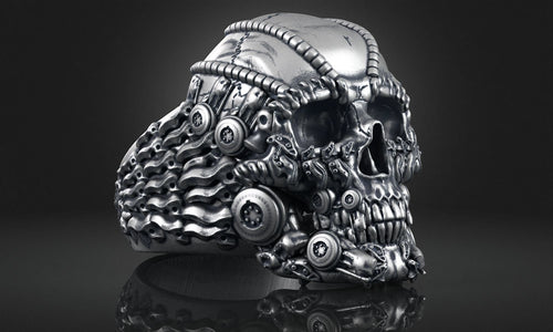 Dazzle Dime 925 Sterling Silver Base 18k Gold Plated Skull Biomechanical Ring The Evolution of Darkness DAZZLE DIME®