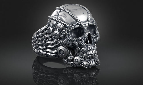 Dazzle Dime 925 Sterling Silver Base 18k Gold Plated Skull Biomechanical Ring The Evolution of Darkness DAZZLE DIME®