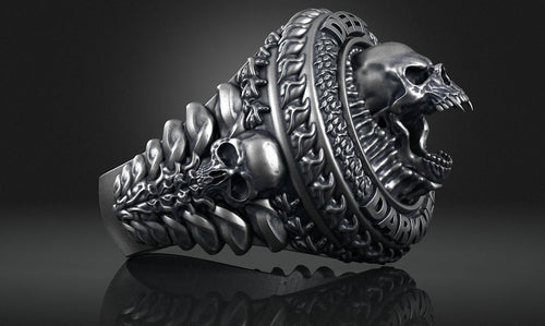 Dazzle Dime 925 Sterling Silver Base 18k Gold Plated Skull Biomechanical Ring The Evolution of Darkness DAZZLE DIME®